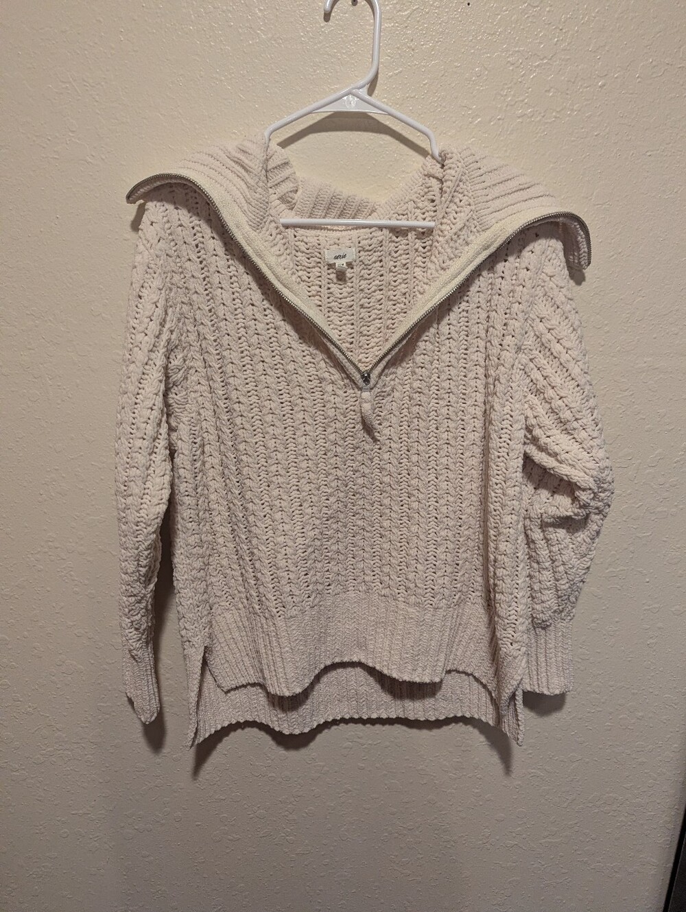 Aerie Oversized Waffle Knit Quarter Zip Sweater Cream Oatmeal M Cozy